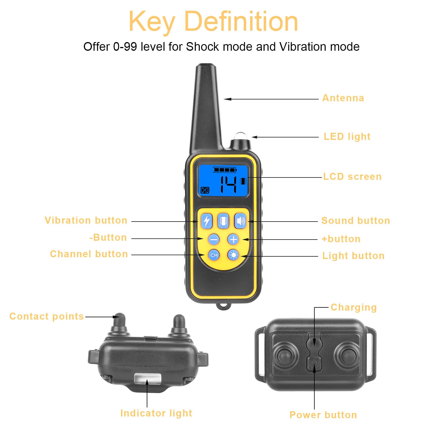 Long range dog collar 875 yards with LCD screen and buttons for sound and vibration modes