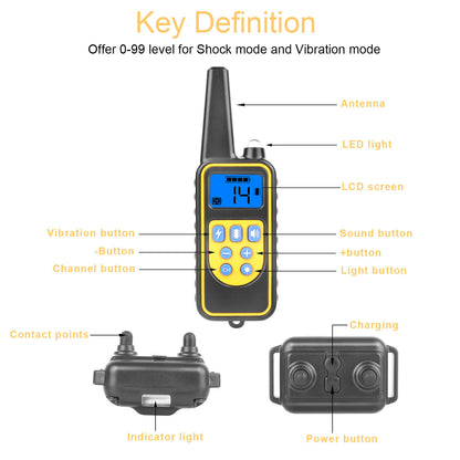 Long range dog collar 875 yards with LCD screen and buttons for sound and vibration modes