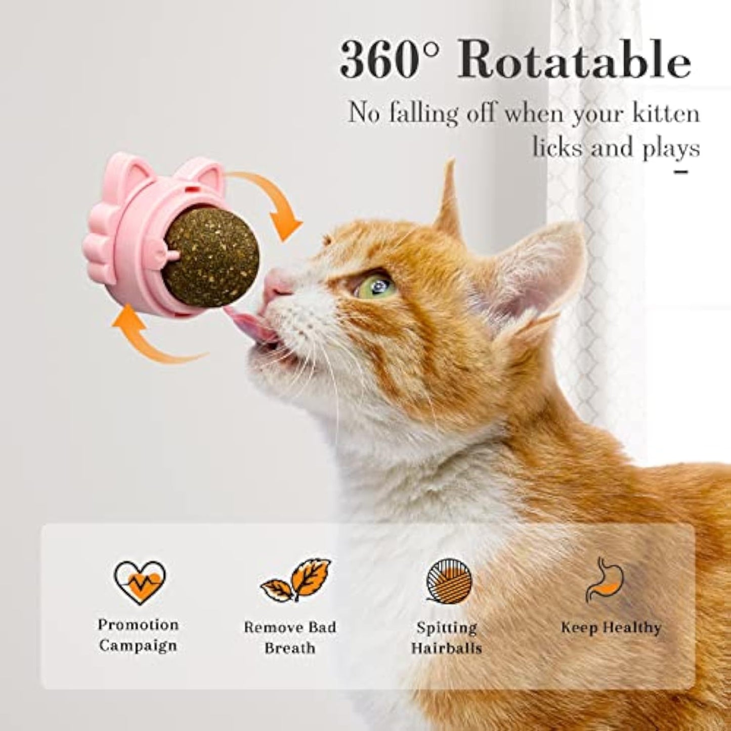Orange Poppy tabby kitten licking pink 360 rotatable healthy cat teeth cleaning toy mounted near window