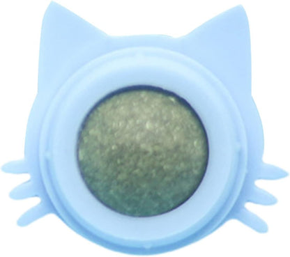 Blue cat shaped silicone holder with green chew insert from Orange Poppy healthy cat teeth cleaning toy