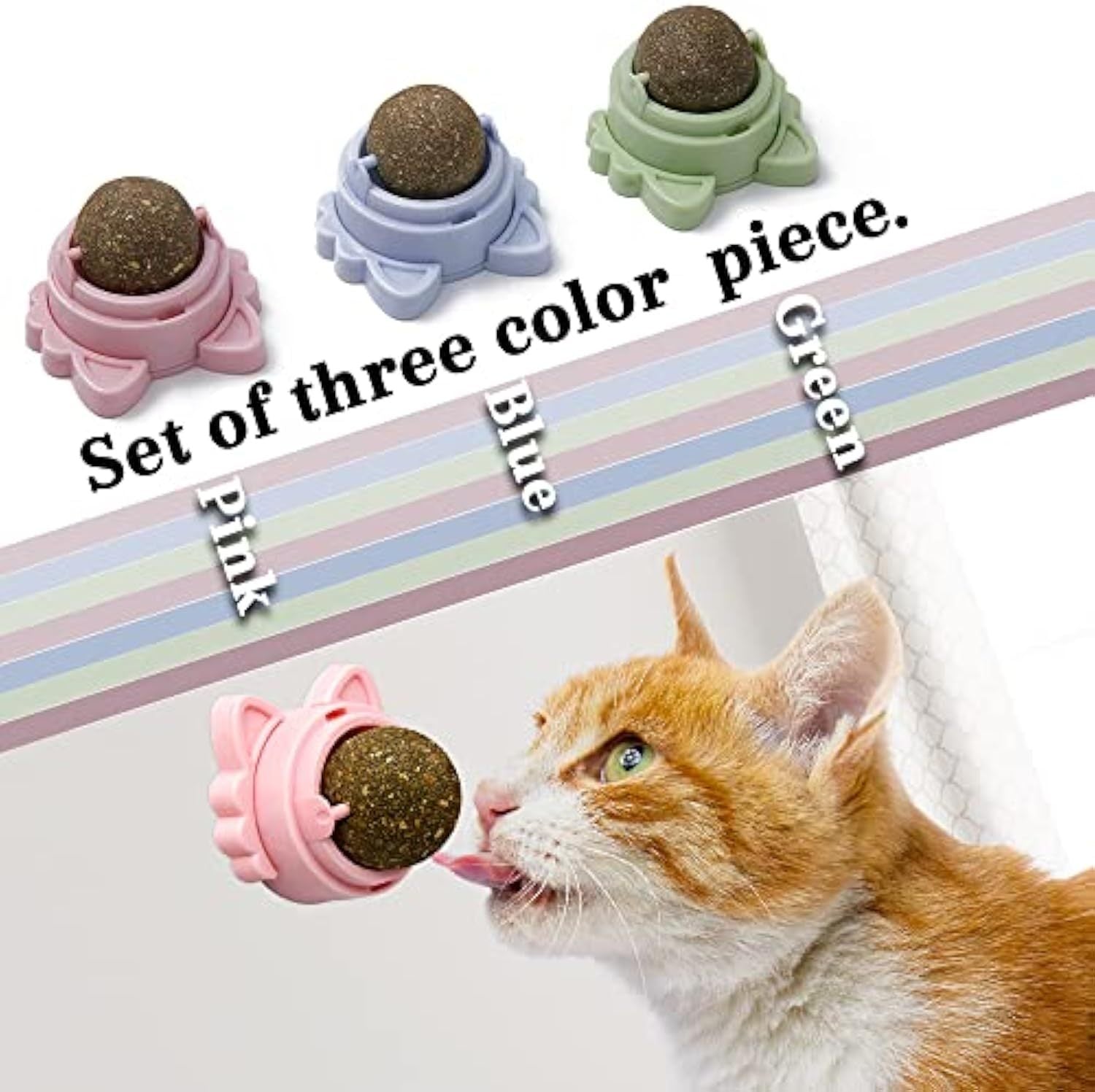 Orange Poppy set of three healthy cat teeth cleaning toy holders in pink blue and green with cat licking pink one