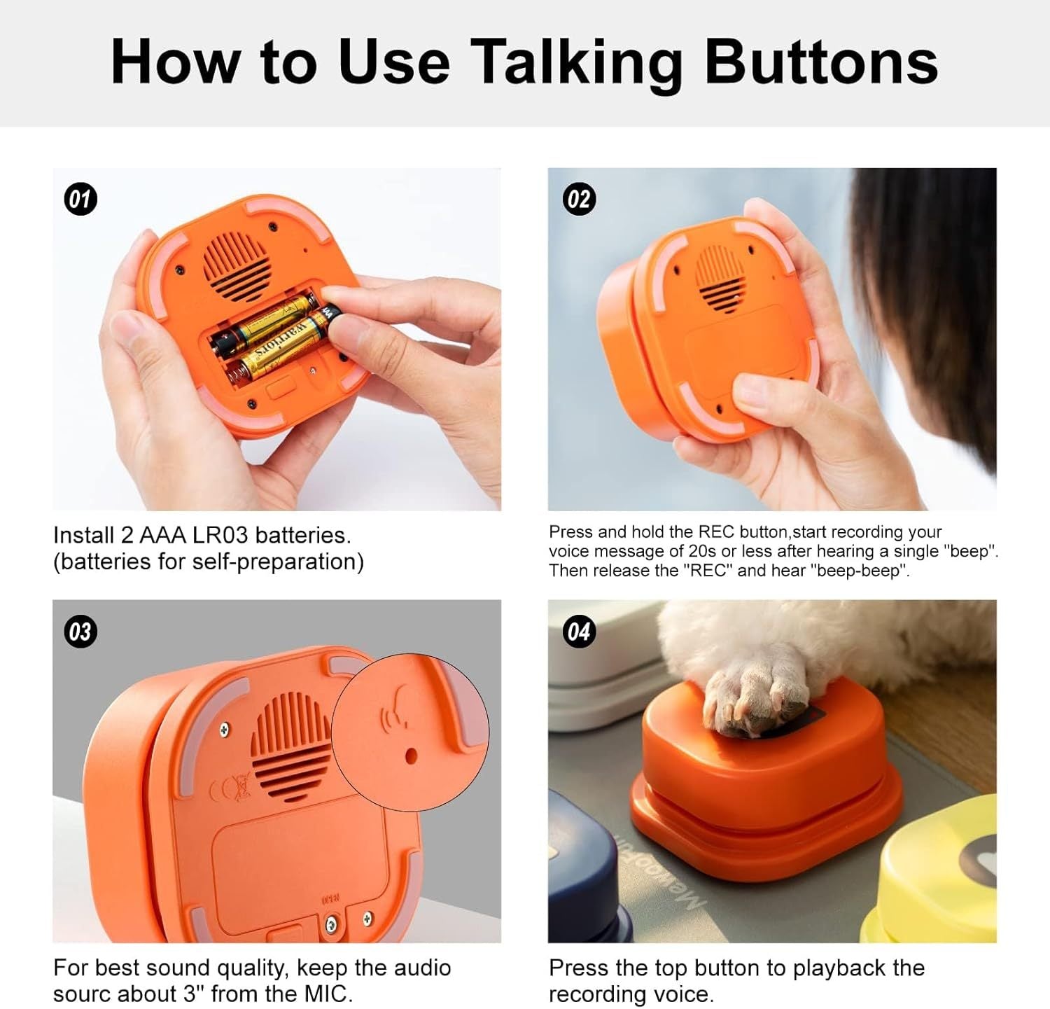Instructions for using dog talking buttons with battery installation and recording steps
