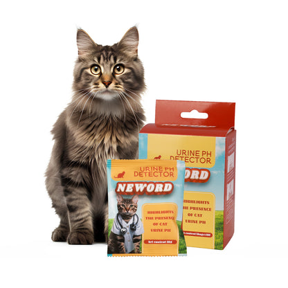 Orange Poppy cat litter with color change shown with fluffy tabby cat and urine pH detector packaging