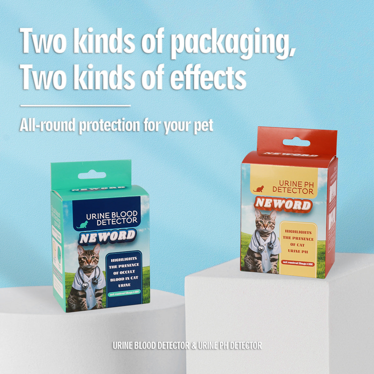 Orange Poppy pet urine test kit boxes showing urine blood and pH detectors cat litter with color change for monitoring cat health