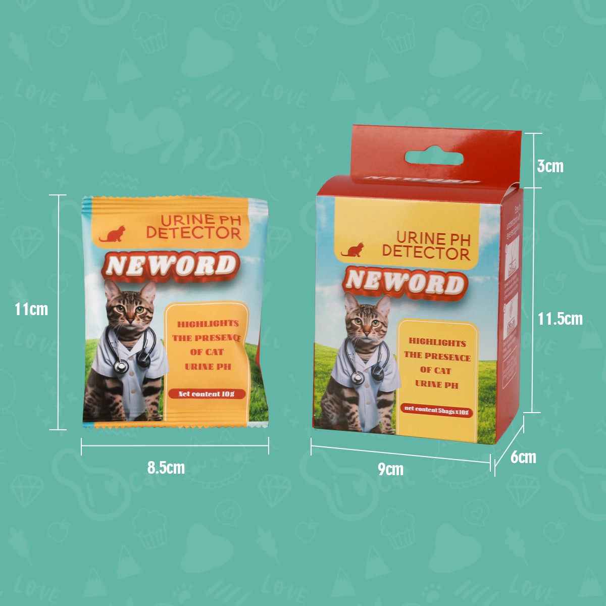 Orange Poppy Neword urine pH detector kit packaging with cat image and instructions highlighting cat litter with color change