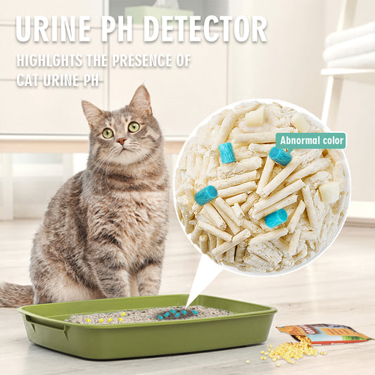 Orange Poppy cat litter with color change showing blue pellets in litter box indicating abnormal urine pH