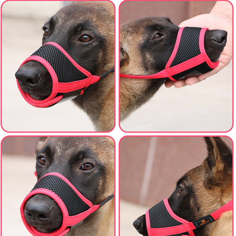 Orange Poppy adjustable dog muzzle for biting black mesh with red trim breathable design and adjustable straps