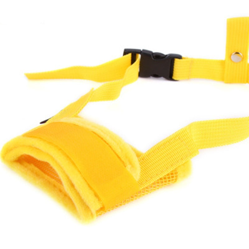 Yellow padded nylon adjustable dog muzzle for biting with mesh front and quick release buckle by Orange Poppy