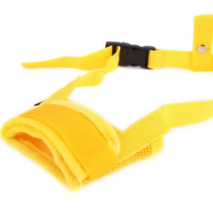 Yellow padded nylon adjustable dog muzzle for biting with mesh front and quick release buckle by Orange Poppy