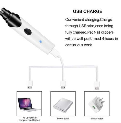 Orange Poppy electric pet nail clippers white USB rechargeable showing laptop power bank and adapter
