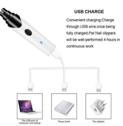 Orange Poppy electric pet nail clippers white USB rechargeable showing laptop power bank and adapter