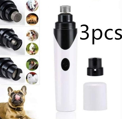 Orange Poppy white handheld electric pet nail clippers kit with three grinding heads shown with dog images