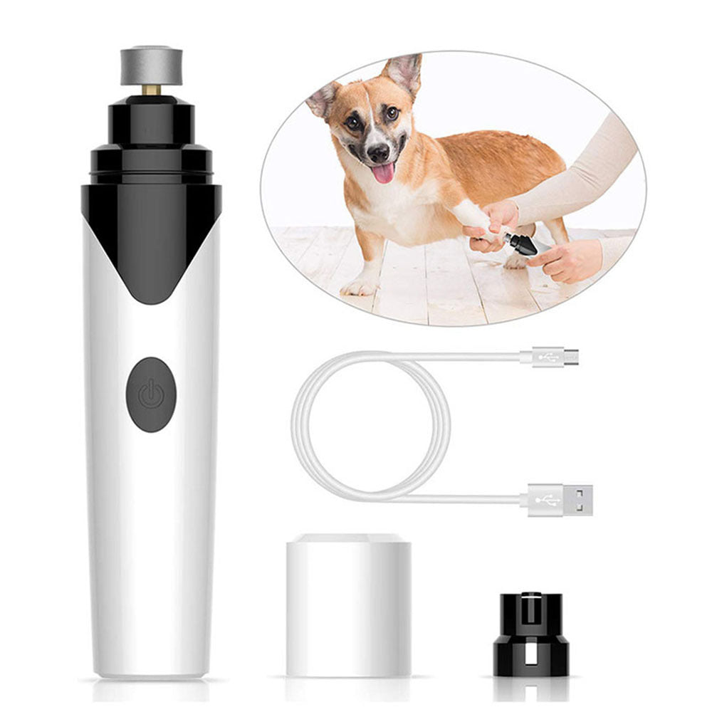 Orange Poppy electric pet nail clippers white USB grinder kit with spare heads shown trimming dog paw