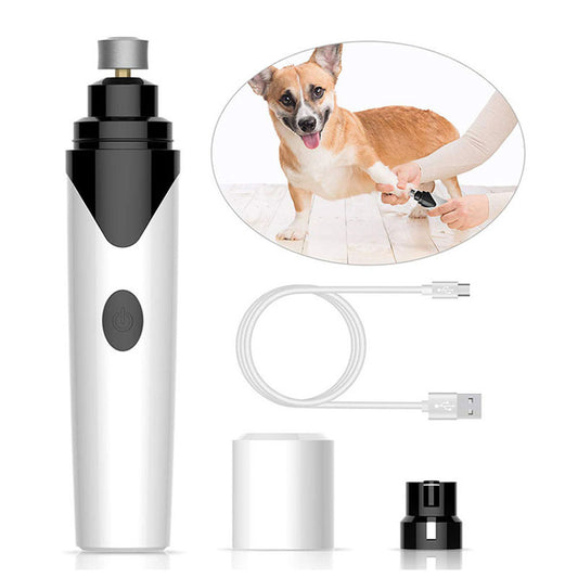 Orange Poppy electric pet nail clippers white USB grinder kit with spare heads shown trimming dog paw