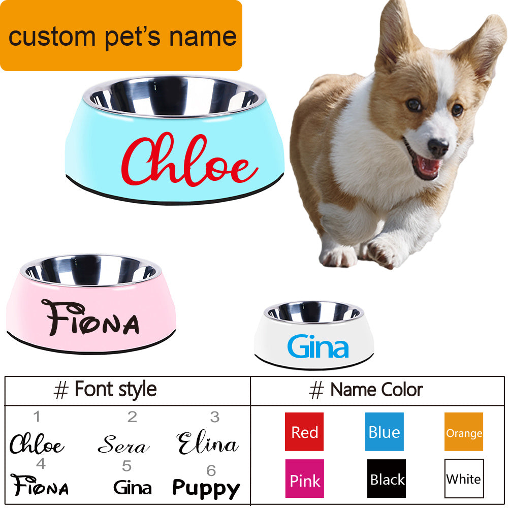 Orange Poppy custom pet name large stainless steel dog bowls with colored bases showing Chloe Fiona Gina and font color options
