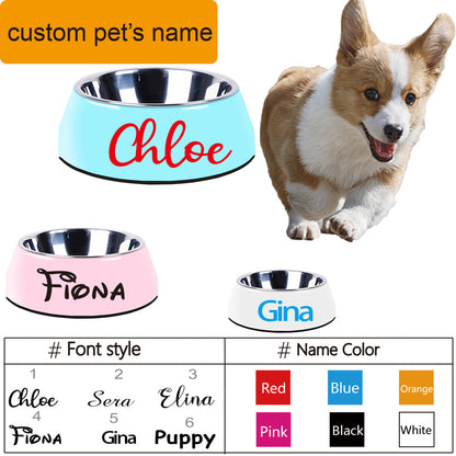 Orange Poppy custom pet name large stainless steel dog bowls with colored bases showing Chloe Fiona Gina and font color options