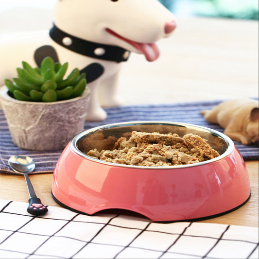 Orange Poppy pink pet bowl with stainless steel insert filled with wet food on placemat large stainless steel dog bowls
