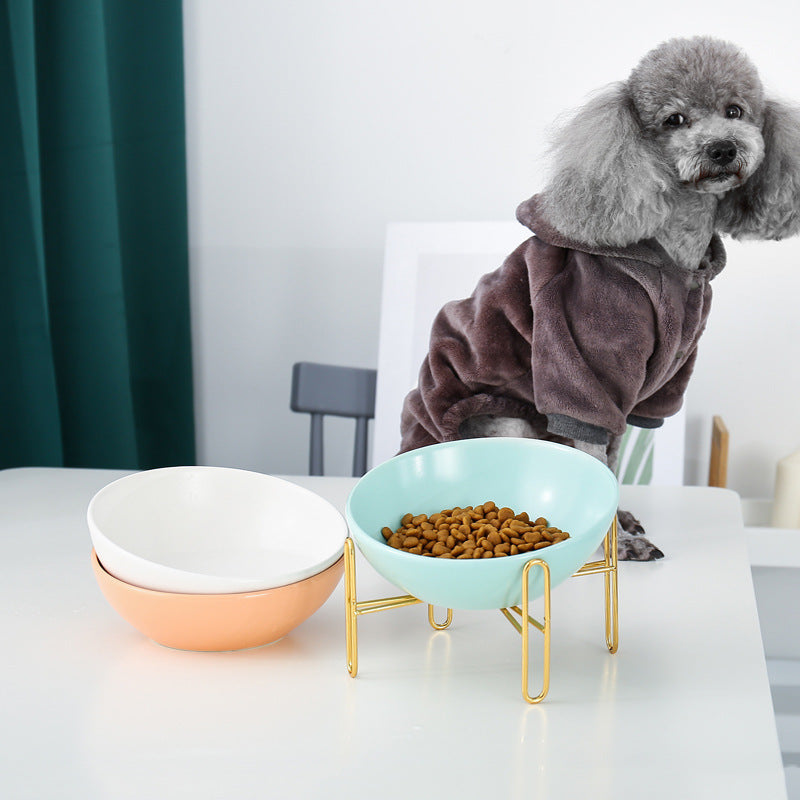 Orange Poppy elevated dog bowl set with mint kibble bowl on gold stand and peach spare bowl durable pet feeding supplies