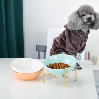 Orange Poppy elevated dog bowl set with mint kibble bowl on gold stand and peach spare bowl durable pet feeding supplies