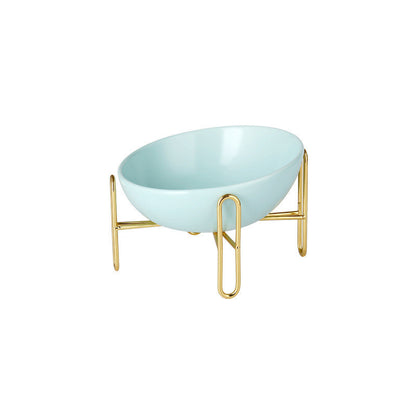 Orange Poppy elevated light blue ceramic pet bowl with gold metal stand durable pet feeding supplies