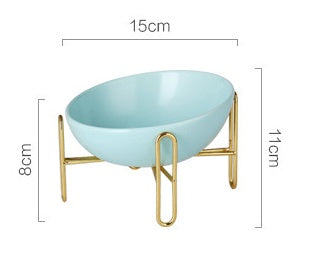 Orange Poppy pastel blue ceramic elevated pet bowl on gold stand durable pet feeding supplies