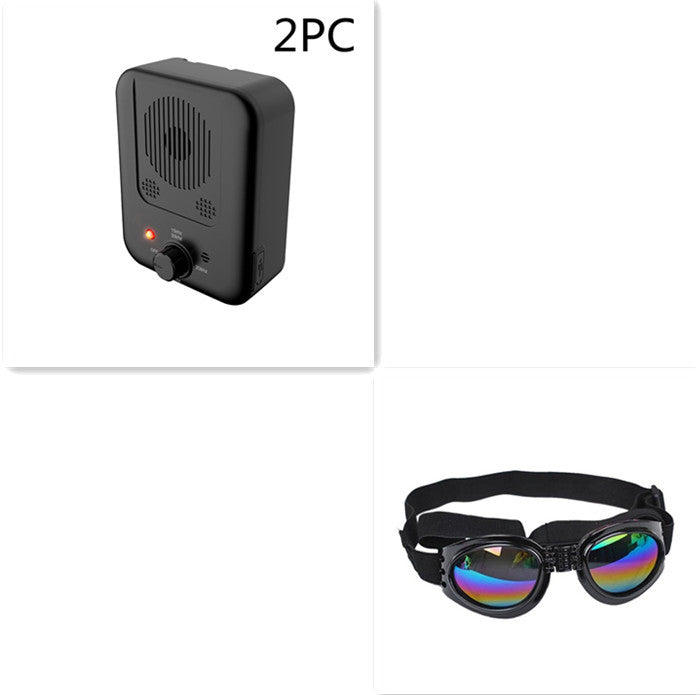 Orange Poppy ultrasonic anti bark device for dogs and black dog goggles with adjustable strap