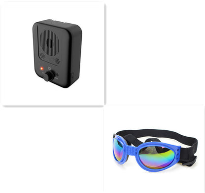 Orange Poppy ultrasonic anti bark device for dogs and protective dog goggles for outdoor walks