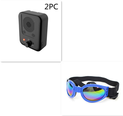 Orange Poppy ultrasonic anti bark device for dogs with blue reflective dog goggles and adjustable strap