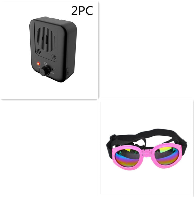 Orange Poppy ultrasonic anti bark device for dogs with black unit and pink reflective dog goggles