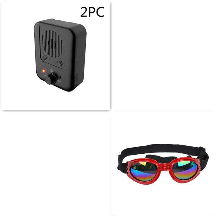 Orange Poppy ultrasonic anti bark device for dogs paired with red mirrored dog goggles
