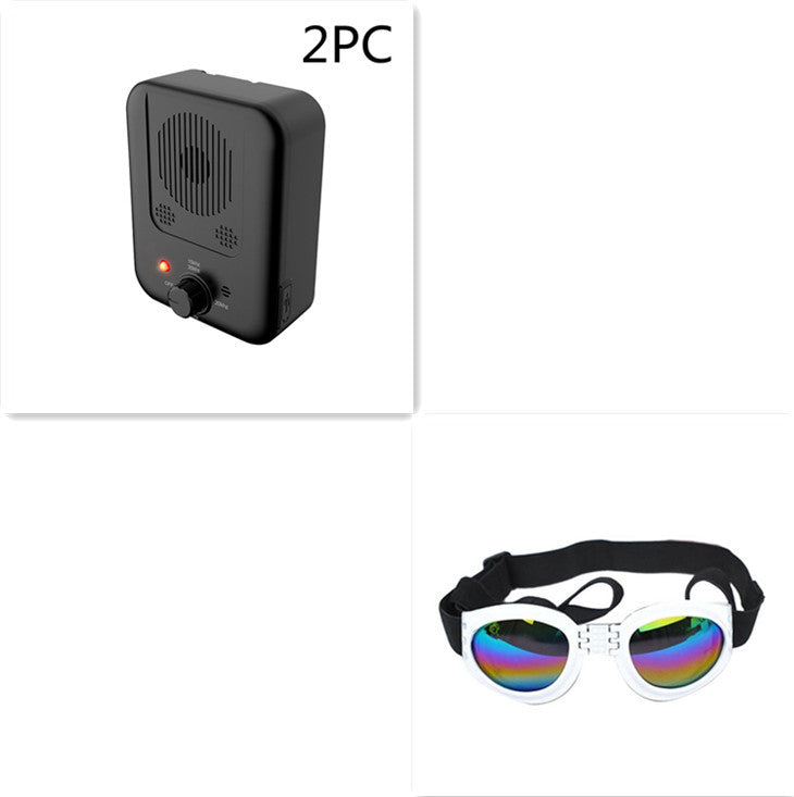 Orange Poppy ultrasonic anti bark device for dogs black control unit shown with reflective dog goggles