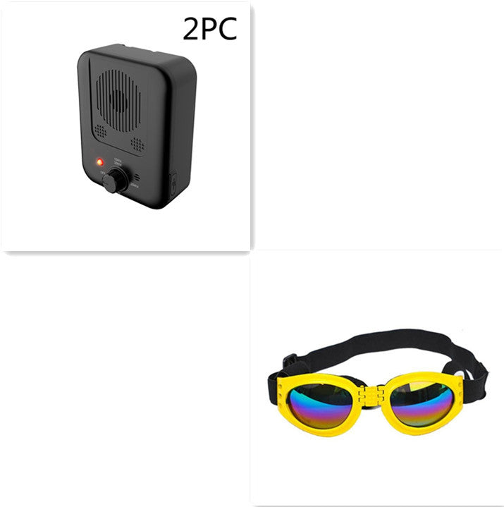 Orange Poppy bundle with ultrasonic anti bark device for dogs and yellow protective dog goggles with adjustable strap