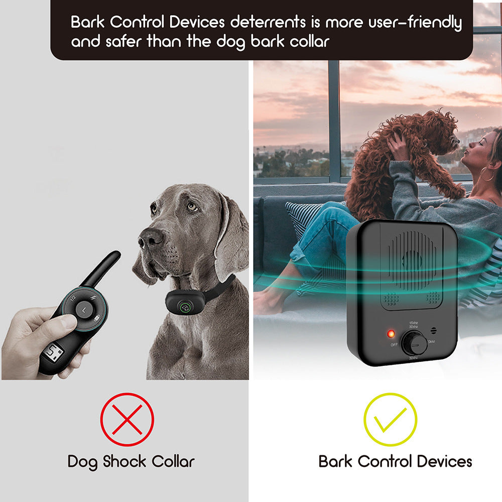 Orange Poppy ultrasonic anti bark device for dogs shown next to a dog shock collar in comparison image