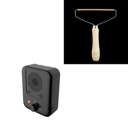 Orange Poppy ultrasonic anti bark device for dogs compact black unit with knob and wooden handled grooming tool