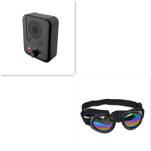 Orange Poppy ultrasonic anti bark device for dogs and black protective dog goggles for outdoor use