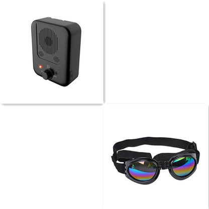 Orange Poppy ultrasonic anti bark device for dogs and black protective dog goggles for outdoor use