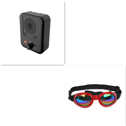 Orange Poppy ultrasonic anti bark device for dogs shown with portable black unit and red reflective dog goggles