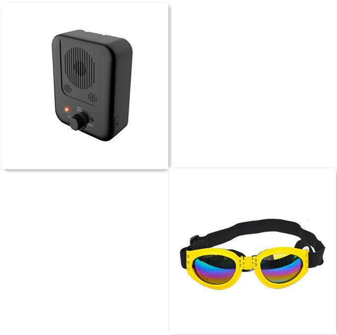 Orange Poppy ultrasonic anti bark device for dogs with black unit and yellow dog goggles with adjustable strap
