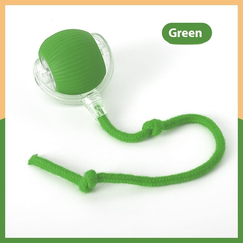 Orange Poppy green interactive cat toy ball with textured rubber shell and detachable green felt string on white background