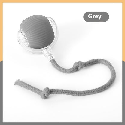 Orange Poppy grey interactive cat toy ball with clear casing and knotted grey rope tether for play