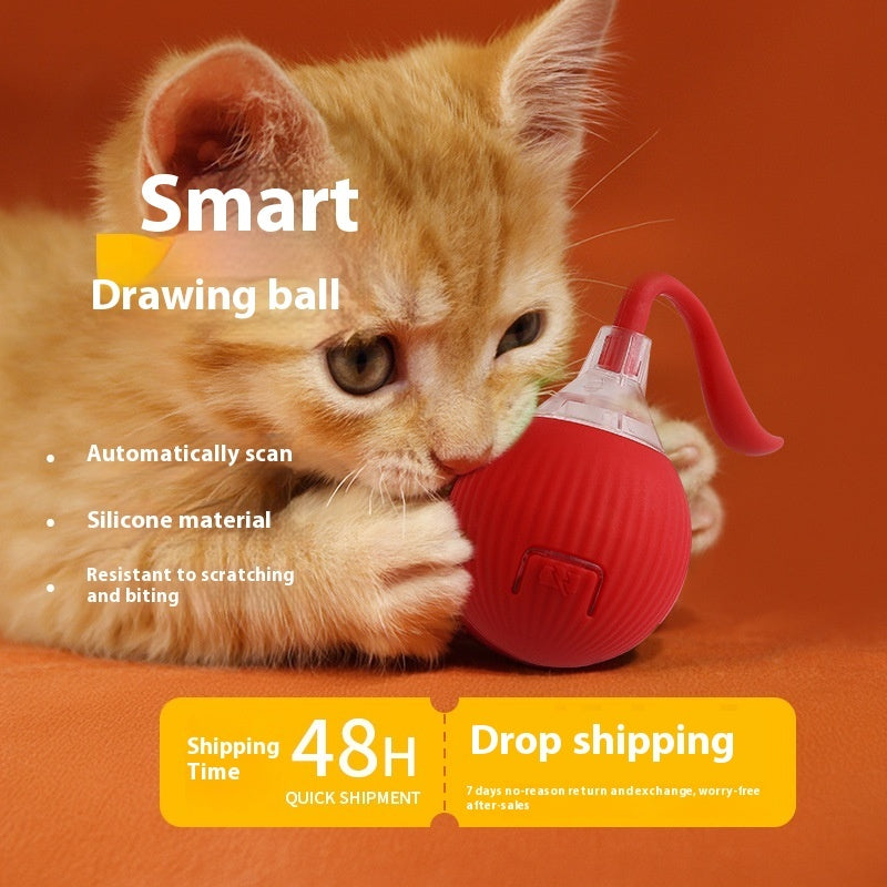 Orange Poppy interactive cat toy ball silicone red with kitten playing and biting for pets