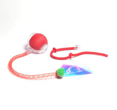 Orange Poppy interactive cat toy ball with red ribbed ball clear housing ribbon wand and iridescent triangle