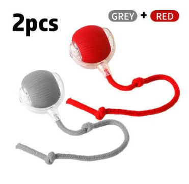 Orange Poppy interactive cat toy ball set of 2 grey and red with attached dangling cords for cats