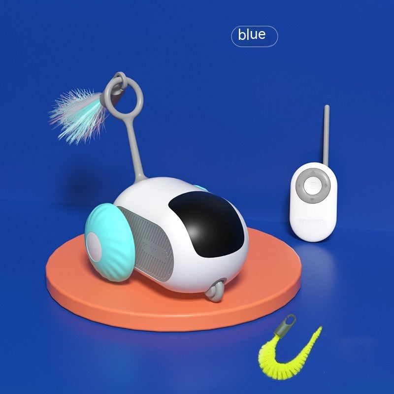 Orange Poppy remote control cat toy blue robotic mouse with feather tail and wireless controller on display