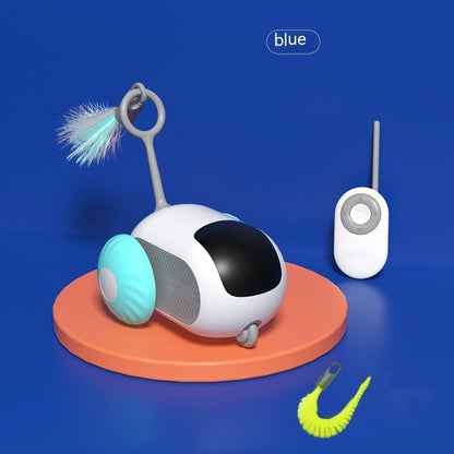Orange Poppy remote control cat toy blue robotic mouse with feather tail and wireless controller on display