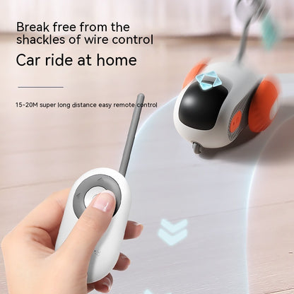 Orange Poppy remote control cat toy with handheld white controller and wheeled toy car for indoor play