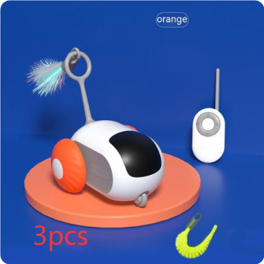 Orange Poppy remote control cat toy white and orange wheeled pet robot with feather teaser and handheld remote
