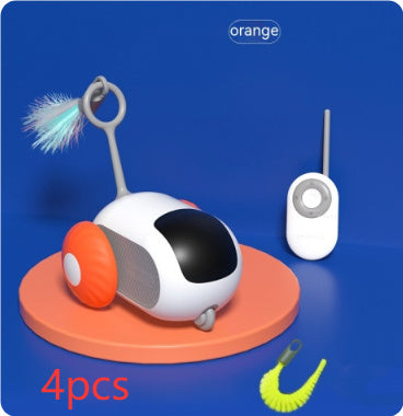 Orange Poppy remote control cat toy white and orange robotic mouse with remote and feather wand