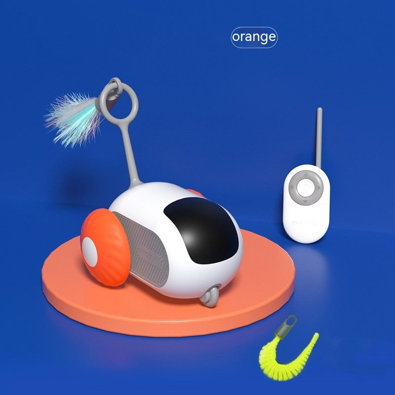 Orange Poppy remote control cat toy white egg shaped wheeled robotic teaser with feather and remote