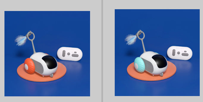 Orange Poppy remote control cat toy robotic rolling mouse with feather teaser and white controller on orange mat